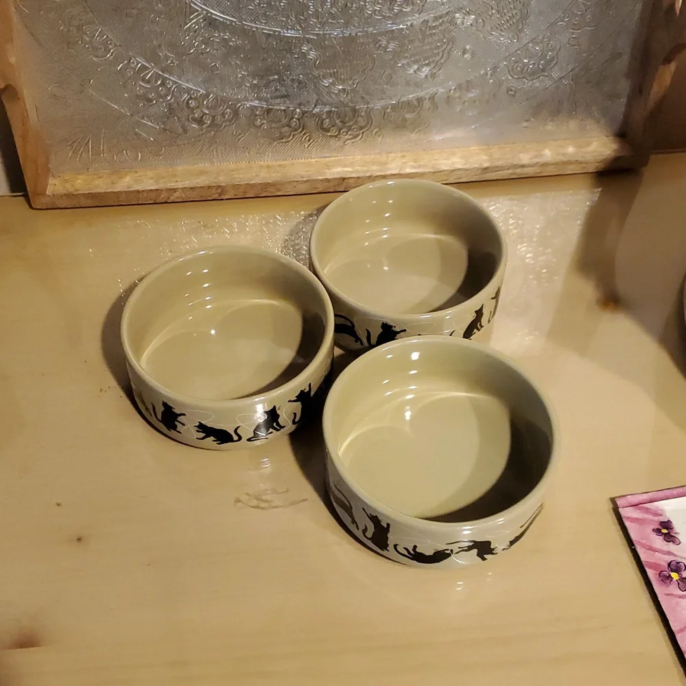 3 Tan Cat Bowls Wiskercity